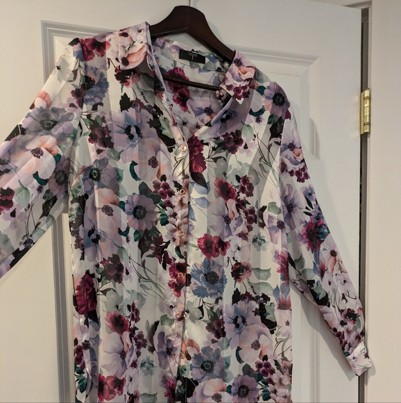 T Tahari Floral Stripe Snap Front Blouse Satin M - Picture 3 of 14